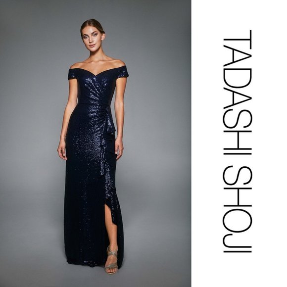 NWT TADASHI SHOJI SEQUIN OFF THE-SHOULDER GOWN NAVY PARTY FORMAL METALLIC   XS - Picture 2 of 14